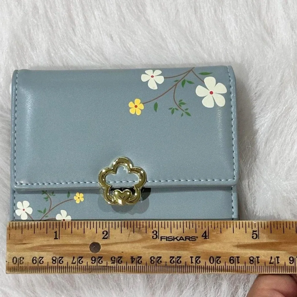 Small Trifold Wallet Dusty Blue Floral Gold Flower Clasp Zip Pocket
